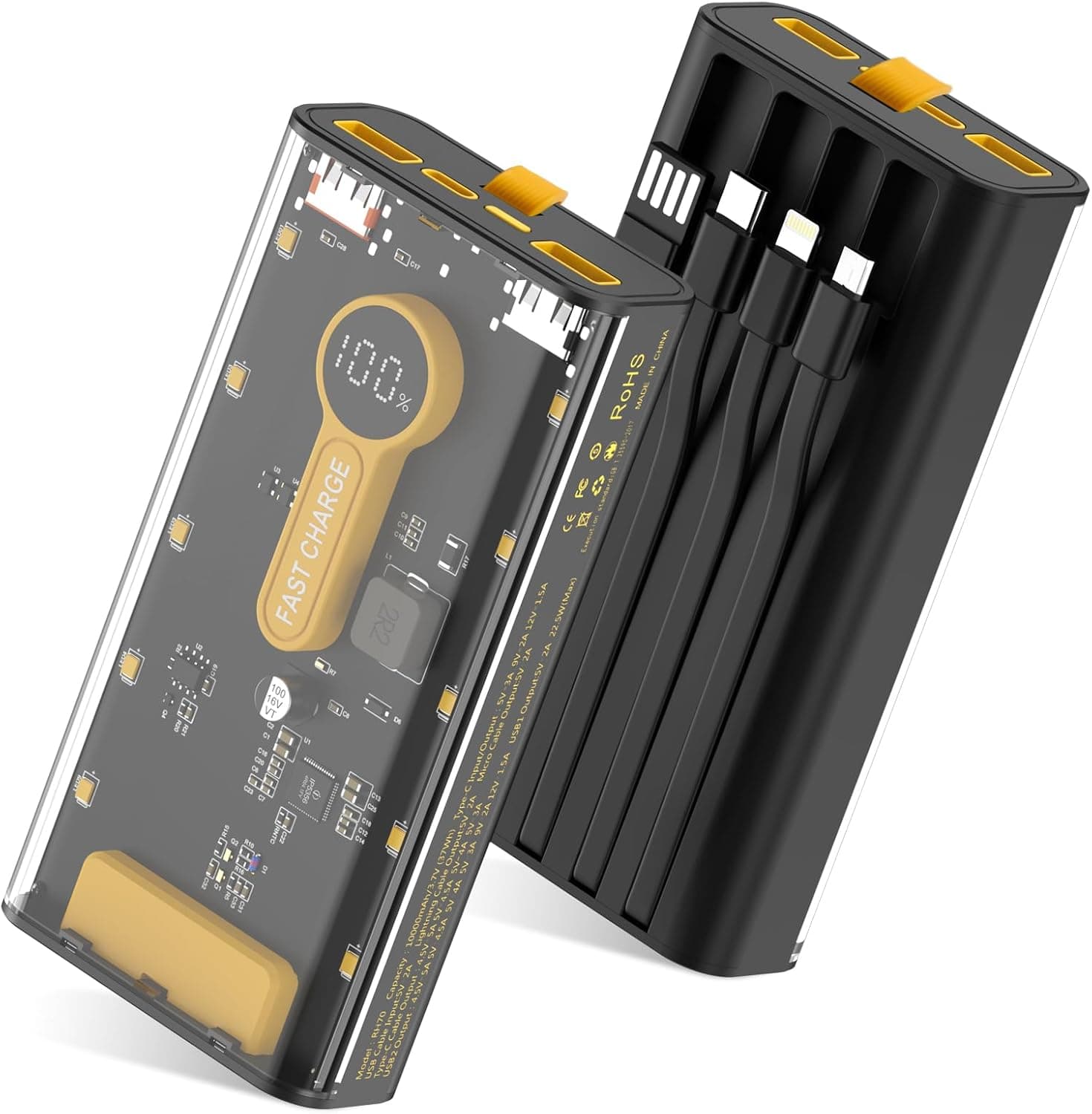 22.5W Fast-Charging Power Bank with Built-in Cables & LED Display